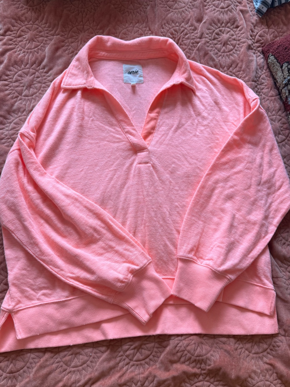 Aerie Florescent Coral Pink Collared Pullover